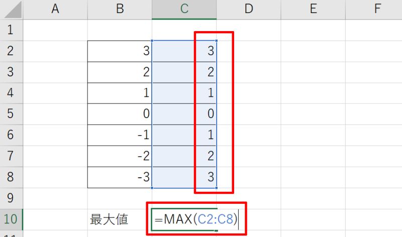 絶対値の最大をMAX関数で求める方法