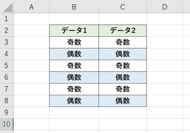 エクセルの条件付き書式で偶数の行に色を付ける